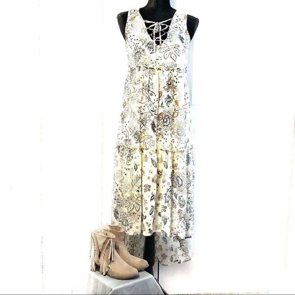 Xhilaration Women Dress Ivory Blue Paisley Print High Low Crisscross Size XS
